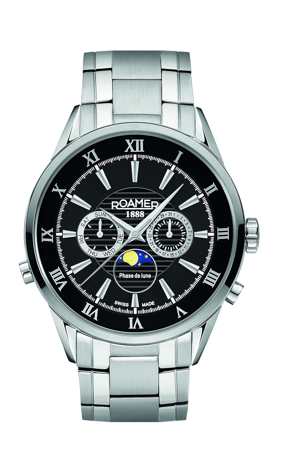 roamer 男式石英手表黑色表盘计时显示器和银色不锈钢表链 508821 41